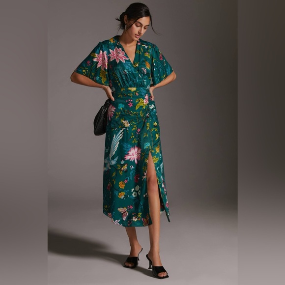Maeve Anthropologie Teal Silky Buttonfront Shirt Dress Green Multi Floral - Picture 2 of 14